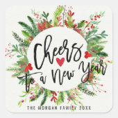 Beifall für einen Neujahrsskript-Holly-Kranz-Gruß Quadratischer Aufkleber (Vorderseite)