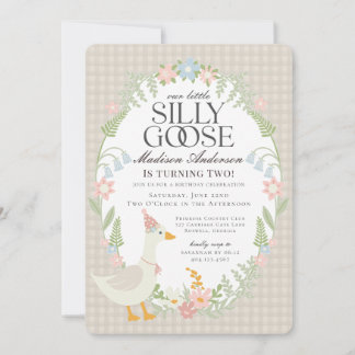 Beige Albern Gänse Floral Gingham Birthday Party Einladung
