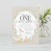 Beige Albern Gänse Floral Gingham Erster Geburtsta Einladung (Stehend Vorderseite)