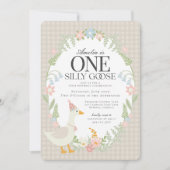 Beige Albern Gänse Floral Gingham Erster Geburtsta Einladung (Vorderseite)