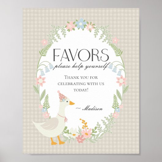 Beige Albern Gänse Floral Gingham Favoriten Zeiche Poster (Vorne)