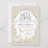 Beige Albern Gänse Gingham Baby Dusche Einladung (Vorderseite)