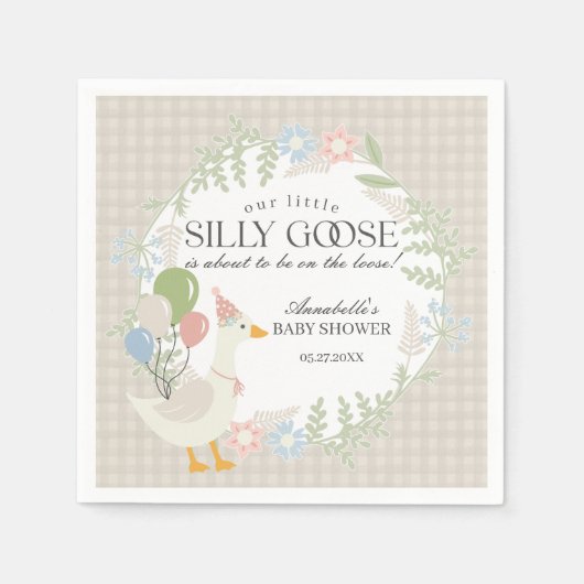 Beige Albern Gänse Gingham Baby Dusche Serviette (Vorderseite)