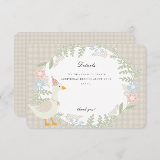 Beige Albern Gänse Gingham Blumendetails Begleitkarte (Vorne/Hinten)