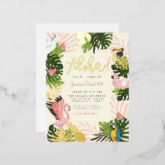 Beige | Aloha Hawaii Tropical Gold Geburtstagspart Folie Einladungspostkarte