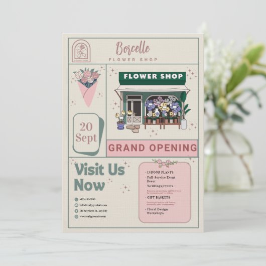 Beige and Green Elegant Flower Shop Opening Card Einladung (Stehend Vorderseite)
