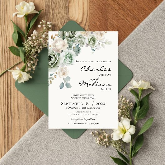 Beige and green Flowers Wedding Invitation Einladung