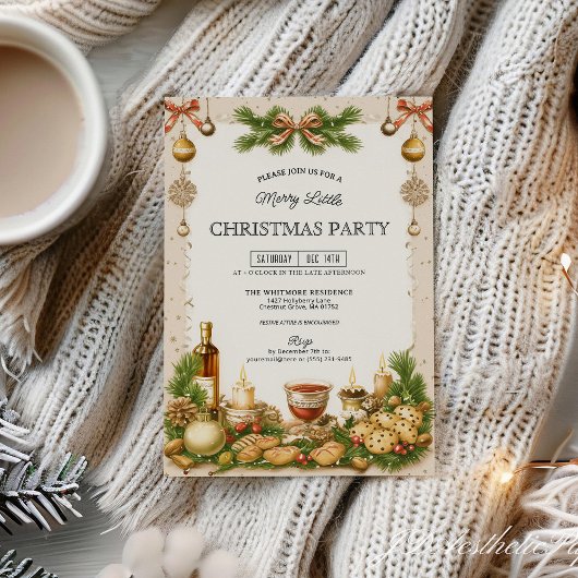 Beige and Pine Greenery Ribbon Christmas Party Einladung