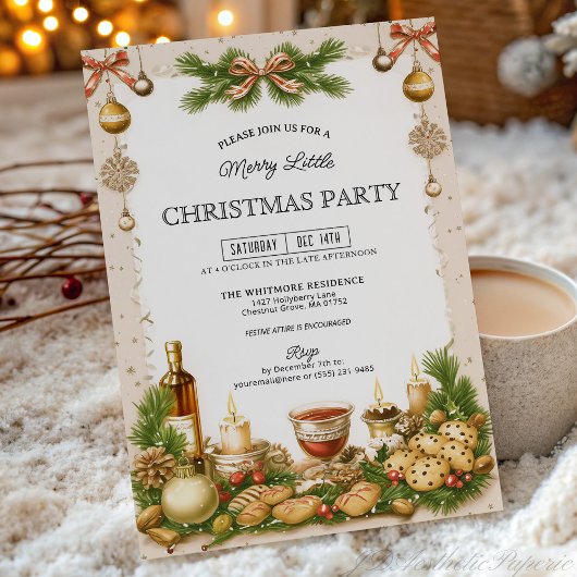 Beige and Pine Greenery Ribbon Christmas Party Einladung