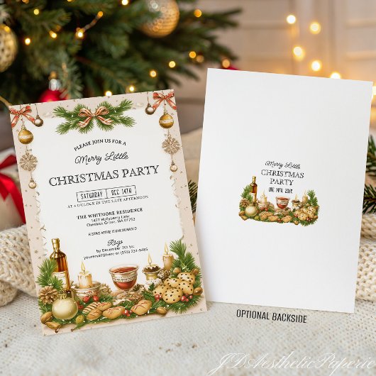 Beige and Pine Greenery Ribbon Christmas Party Einladung