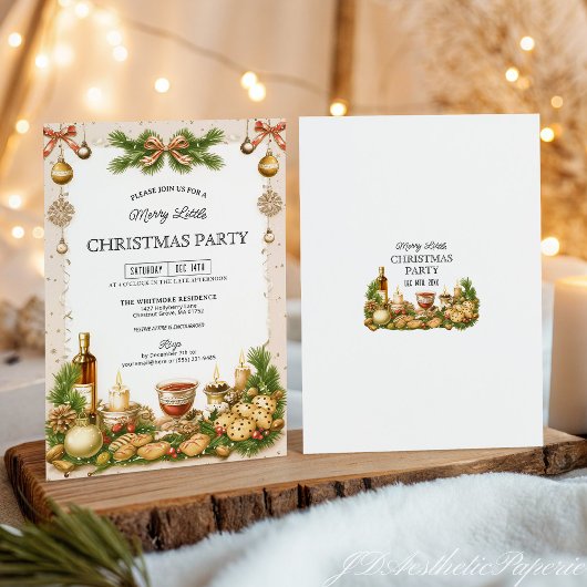 Beige and Pine Greenery Ribbon Christmas Party Einladung