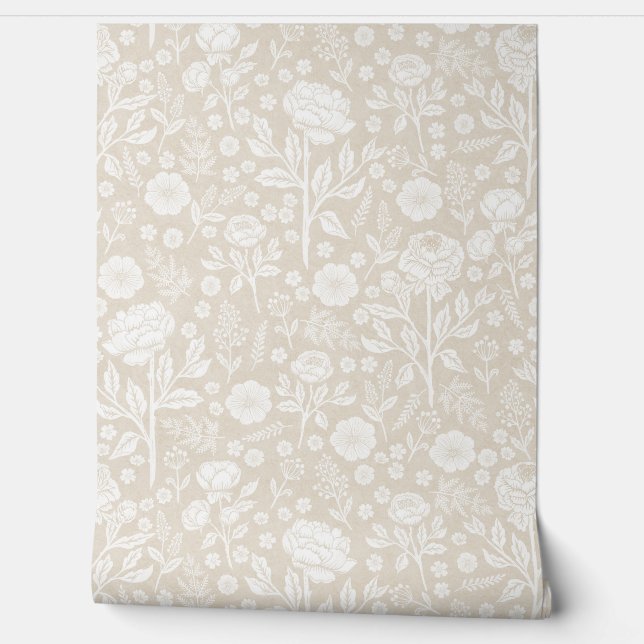 Beige and White Peonies Hand-Drawn Florals Tapete (Abrollen)