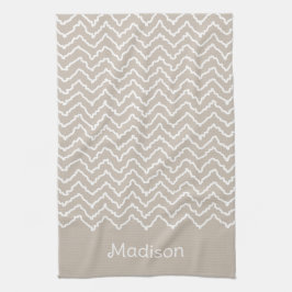Beige And White Squiggly Chevron Zigzag With Name Geschirrtuch