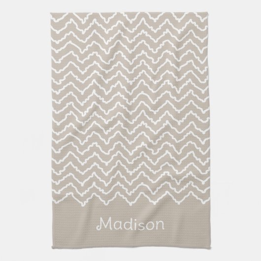 Beige And White Squiggly Chevron Zigzag With Name Geschirrtuch (Vertikal)