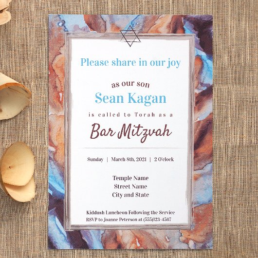 Beige Aqua Blue Bar Mitzvah Einladung
