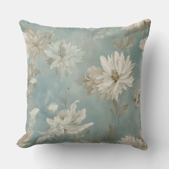 Beige Aqua Blue Brown Floral Kissen (Vorderseite)