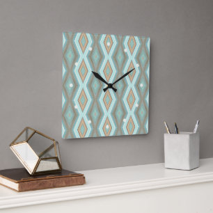 Beige Aqua Türkis Mintgrün Quadrate Kunst Quadratische Wanduhr