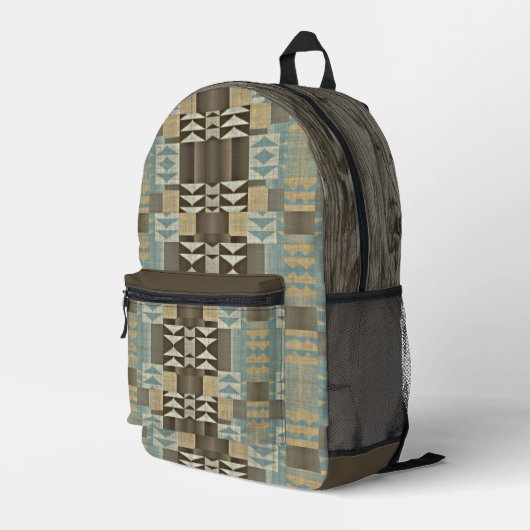 Beige Aquamarin Blue Green Taupe Brown Tribal Must Bedruckter Rucksack (Rückseitige Ecke Rechts)