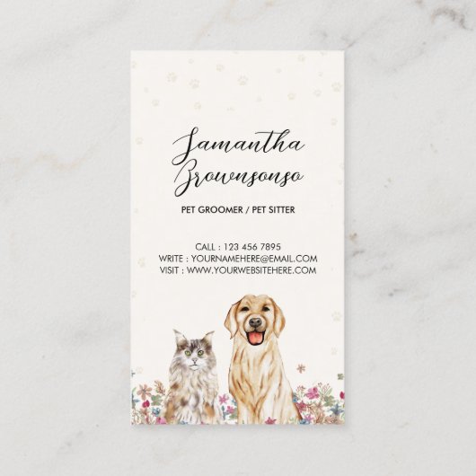 Beige Aquarellhunde Katzen Haustiere Sitter Visitenkarte (Rückseite)