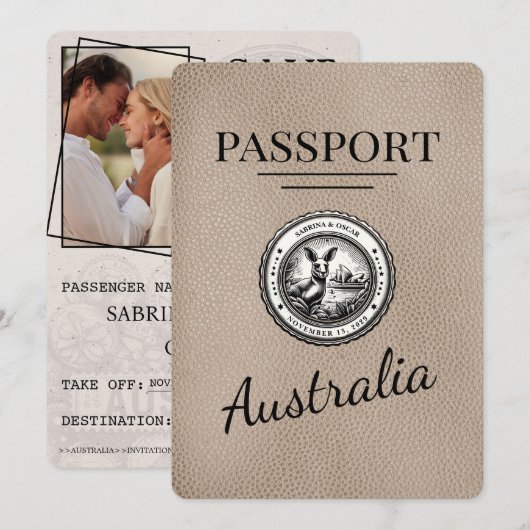 Beige Australien Reisepass Save The Date (Vorne/Hinten)