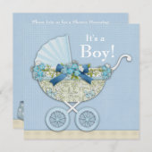 Beige Baby Blue Baby Carriage Boy Dusche Einladung (Vorne/Hinten)