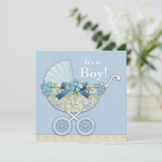 Beige Baby Blue Baby Carriage Boy Dusche Einladung (Stehend Vorderseite)