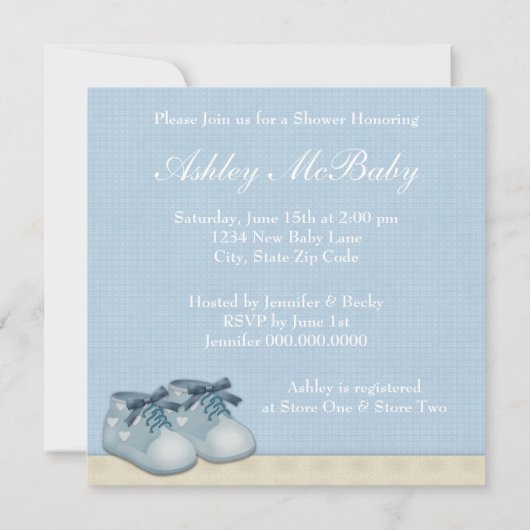 Beige Baby Blue Baby Carriage Boy Dusche Einladung (Rückseite)