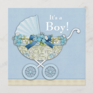 Beige Baby Blue Baby Carriage Boy Dusche Einladung