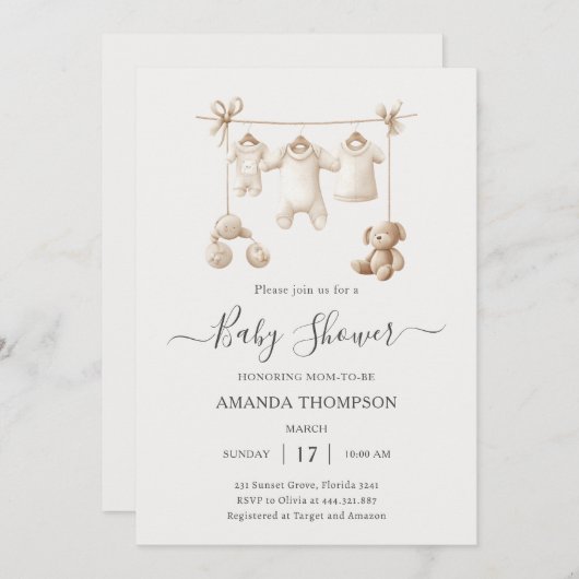 Beige Baby Clothes And Toys Baby Shower Einladung (Vorne/Hinten)