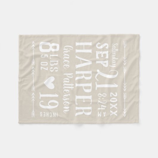 Beige Baby Girl Birth Stats Keepake Fleecedecke (Vorderseite (Horizontal))