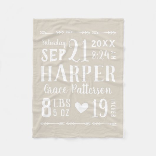 Beige Baby Girl Birth Stats Keepake Fleecedecke (Vorderseite)