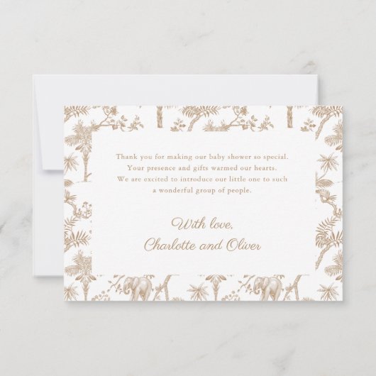 Beige Baby Shower Toile Safari Danke Karte (Rückseite)