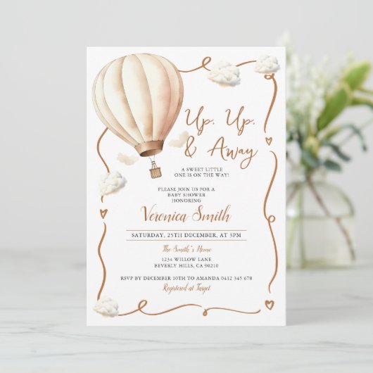 Beige Babydusche Heißluftballon, Auf und Ab Einladung (Stehend Vorderseite)