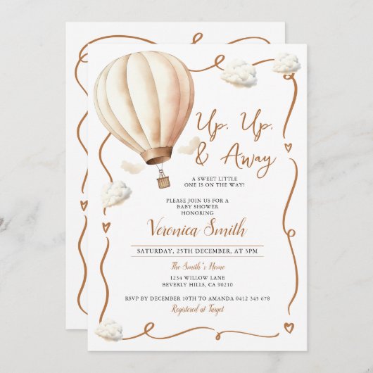 Beige Babydusche Heißluftballon, Auf und Ab Einladung (Vorne/Hinten)