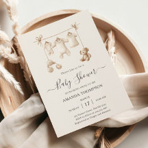 Beige Babykleidung und Spielzeug Baby Shower