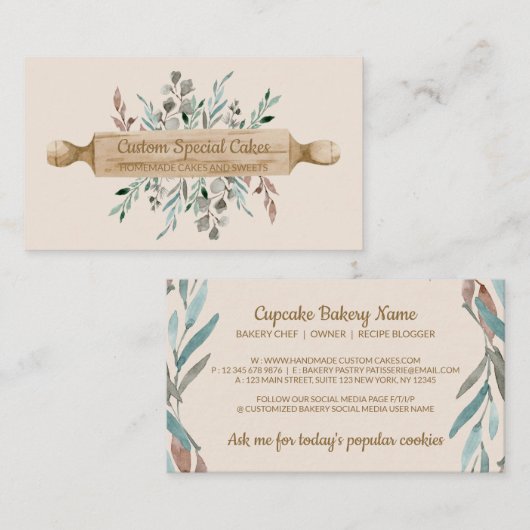 Beige Bäckerei Kochen Rollend Button Konditorei Ko Visitenkarte (Vorne/Hinten)