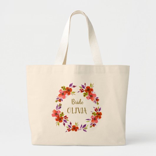 Beige Bag with Red Flowers for the Bride. Jumbo Stoffbeutel (Vorne)