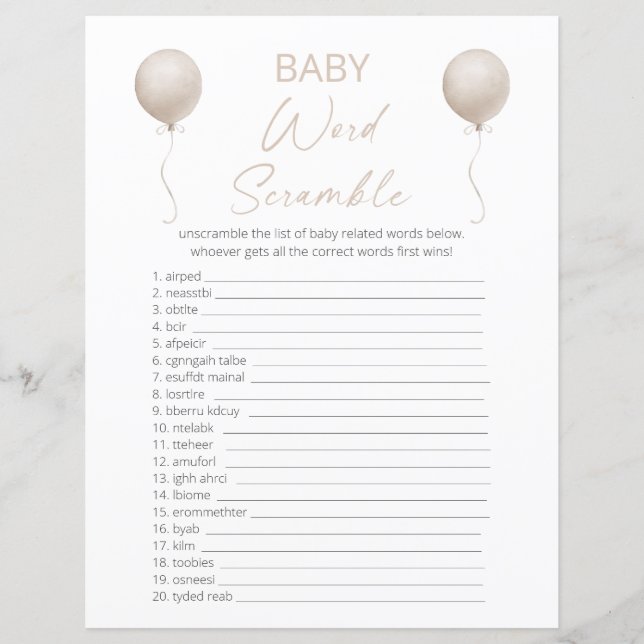 Beige Balloon Baby Dusche Word Scramble (Vorderseite)