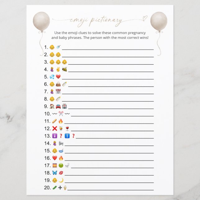 Beige Balloon Emoji Pictionary Baby Showspiel (Vorderseite)