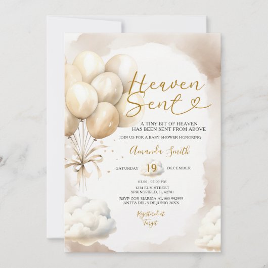 Beige Balloon Heaven Sent Baby Shower Cloud Einladung (Vorderseite)