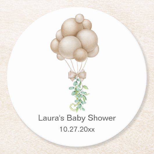 Beige Balloons Babydusche Runder Pappuntersetzer (Vorderseite)