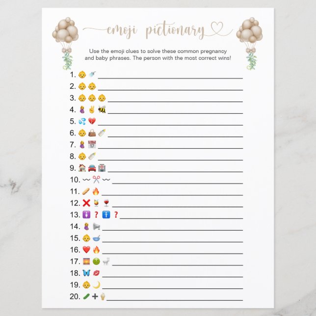 Beige Balloons Emoji Pictionary Baby Showspiel (Vorderseite)
