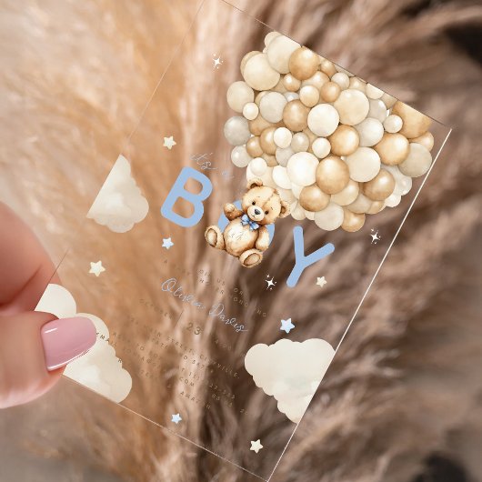 Beige Balloons Teddy Bear Boy Moderne Babydusche Acryleinladungen