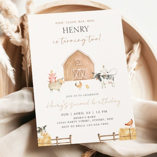 Beige Barn 2nd Birthday Farm Animals Party Einladung