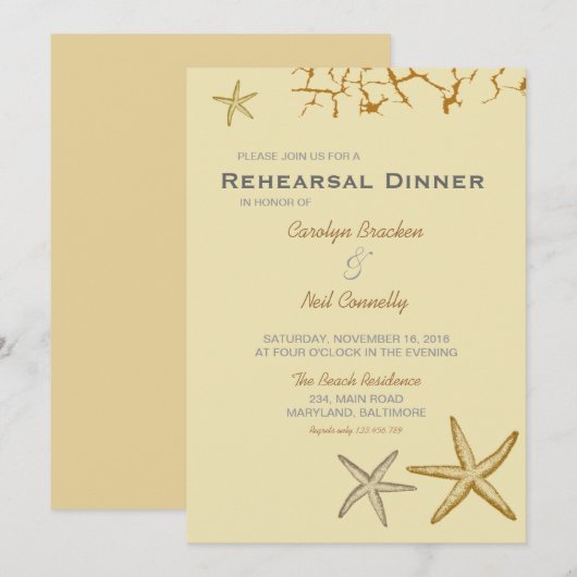 Beige Beach Theme Starfish Probe Abendessen Einladung (Vorne/Hinten)