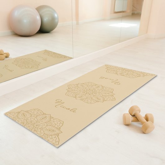 Beige Beautiful Mandala With Custom Name Yogamatte