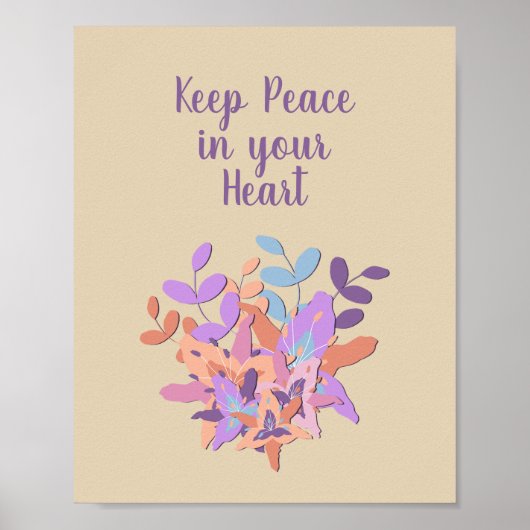 Beige "Behalt Peace in your Heath" Blumenposter Poster (Vorne)