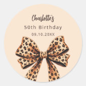 Beige Beige Bow Leopard Runder Aufkleber (Vorderseite)
