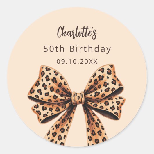 Beige Beige Bow Leopard Runder Aufkleber (Vorderseite)