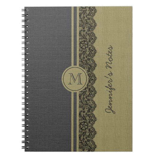 Beige & Beige Linen Burlap Textur & Black Lace Notizblock (Vorderseite)